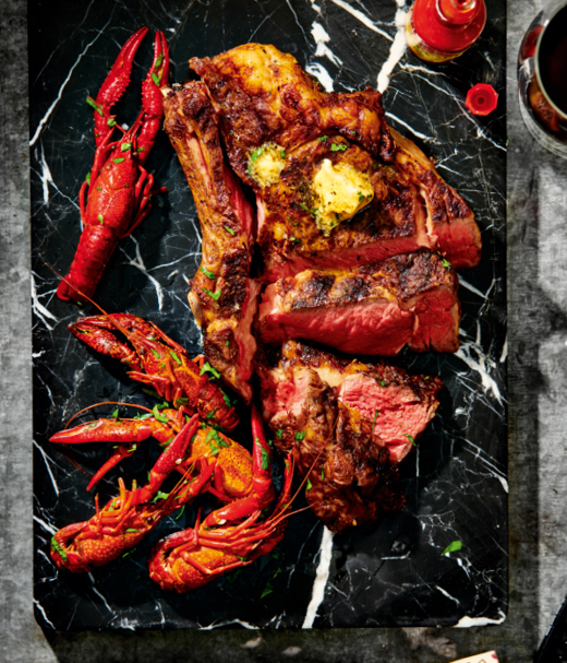 Côte de boeuf met rivierkreeftjes 