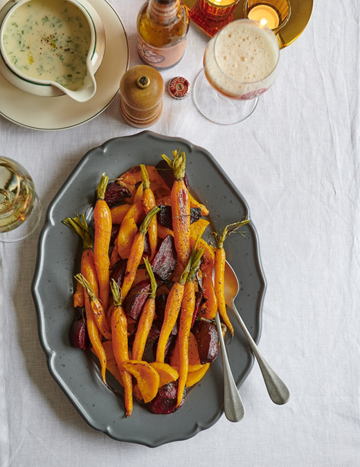 Geroosterde groenten met witte wijn-dillesaus